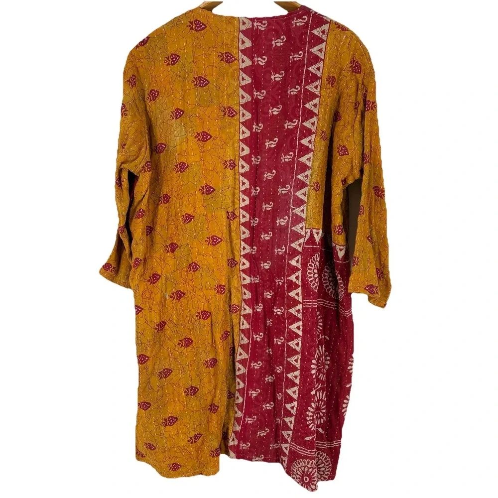 Womens Indian Mid Length Kantha Jacket OS Coloful‎ Floral Mixed Print Pockets